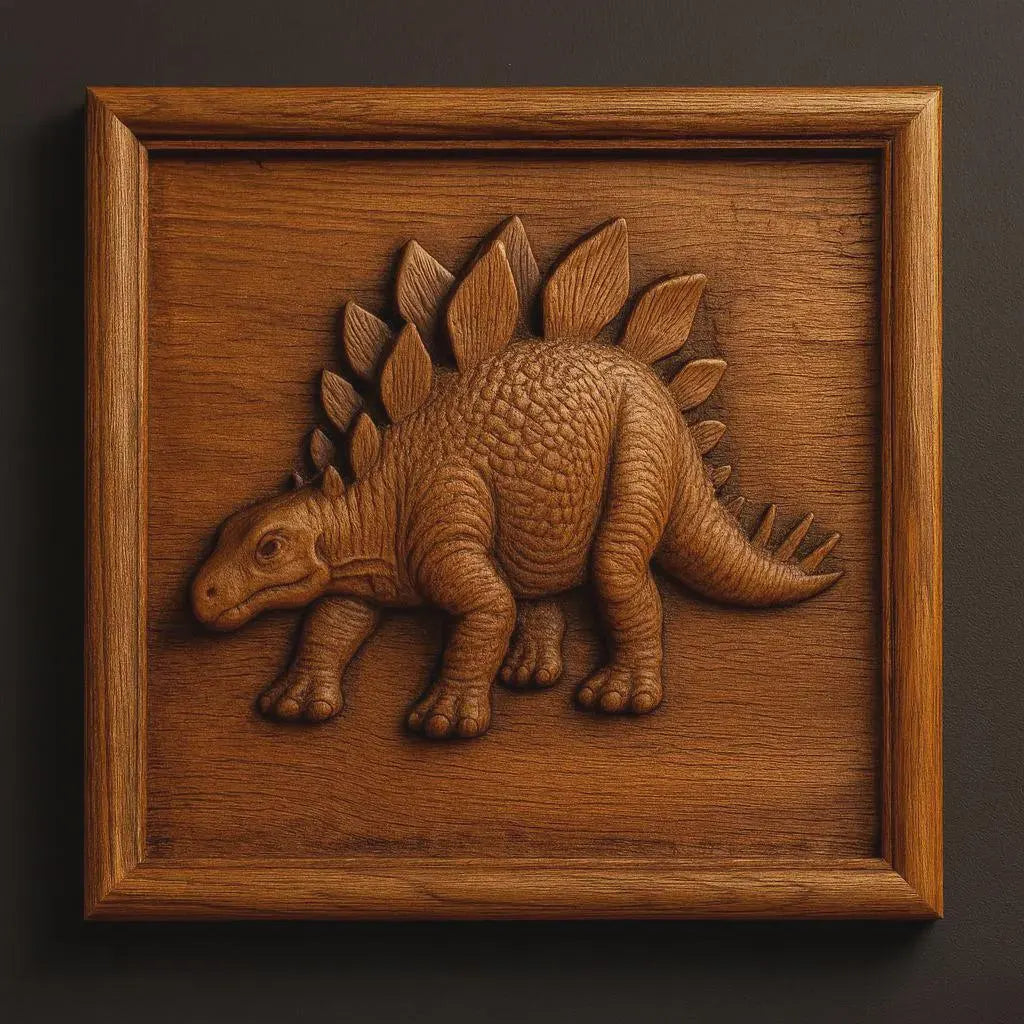 The Dinosaur 5-Pack Relief Collection STL Bundle by Form Arcade features detailed stegosaurus wall art designs, perfect for CNC woodworking or wall decor projects. Each relief showcases intricate details in a square frame and is ideal for dinosaur enthusiasts.