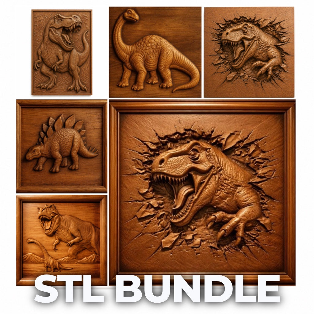 Form Arcade’s Dinosaur 5-Pack Relief Collection STL Bundle features T-Rex, Stegosaurus, and Brachiosaurus in square frames. Perfect CNC wall art or woodworking files for dinosaur fans. Large “STL BUNDLE” text at the bottom.
