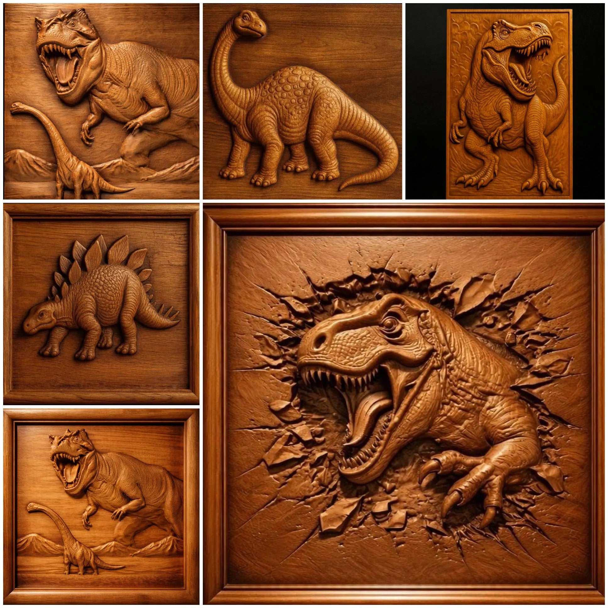 The Dinosaur 5-Pack Relief Collection STL Bundle by Form Arcade features detailed CNC wall art, including a roaring T. rex, Stegosaurus, and more—perfect for woodworking enthusiasts.