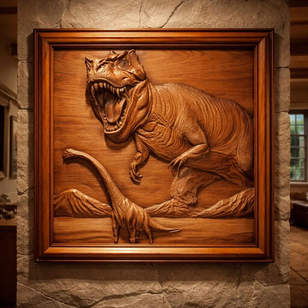 The Dinosaur 5-Pack Relief Collection STL Bundle by Form Arcade features CNC wall art with detailed dinosaur designs, including a roaring T. rex and sauropod, expertly crafted for stunning wood décor.
