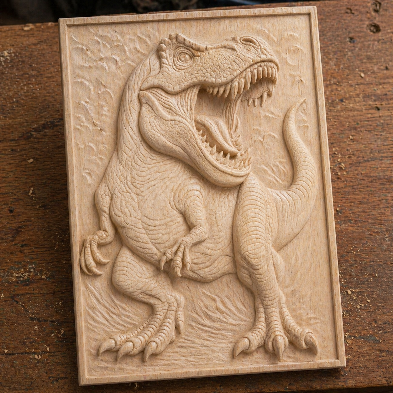 The Form Arcade Dinosaur 5-Pack Relief Collection STL Bundle features dynamic CNC wall art of roaring T. rex and more, ideal for woodworking enthusiasts seeking unique designs for rectangular wooden plaques.