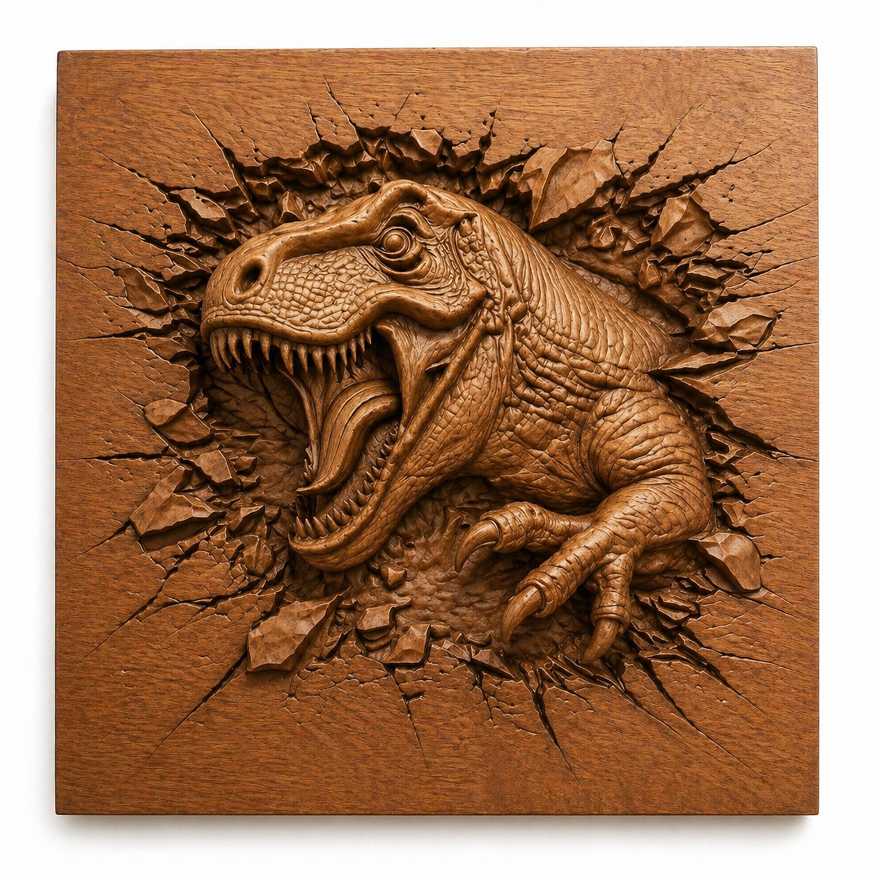 The Form Arcade Dinosaur 5-Pack Relief Collection STL Bundle features detailed CNC wall art designs, including a T. rex head and claw bursting through a cracked panel—perfect for striking dinosaur woodworking projects.