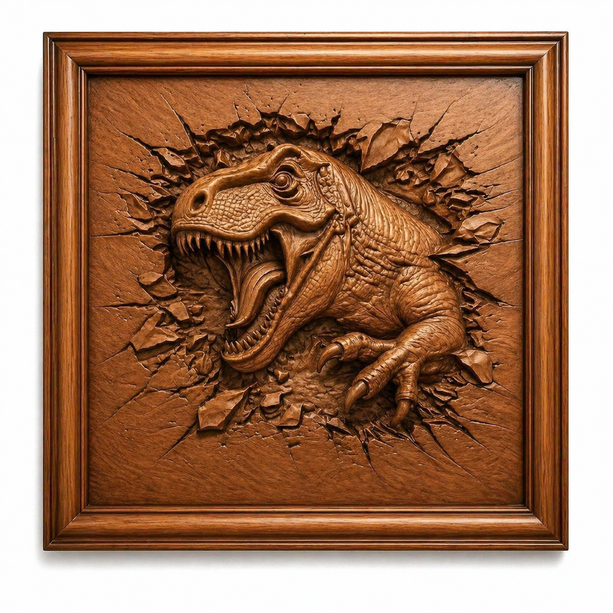 The Dinosaur 5-Pack Relief Collection STL Bundle by Form Arcade features CNC wall art, including a detailed T. rex appearing to burst through its frame with dramatic texture and depth, perfect for adding striking 3D dinosaur art to your space.