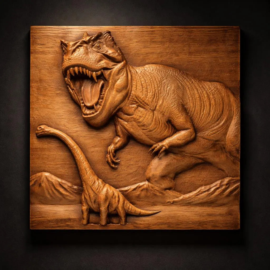 Discover Form Arcade’s Dinosaur 5-Pack Relief Collection STL Bundle—CNC wall art featuring a roaring T. rex towering over a long-necked dinosaur with mountain scenery, perfect for woodworking or digital carving projects.