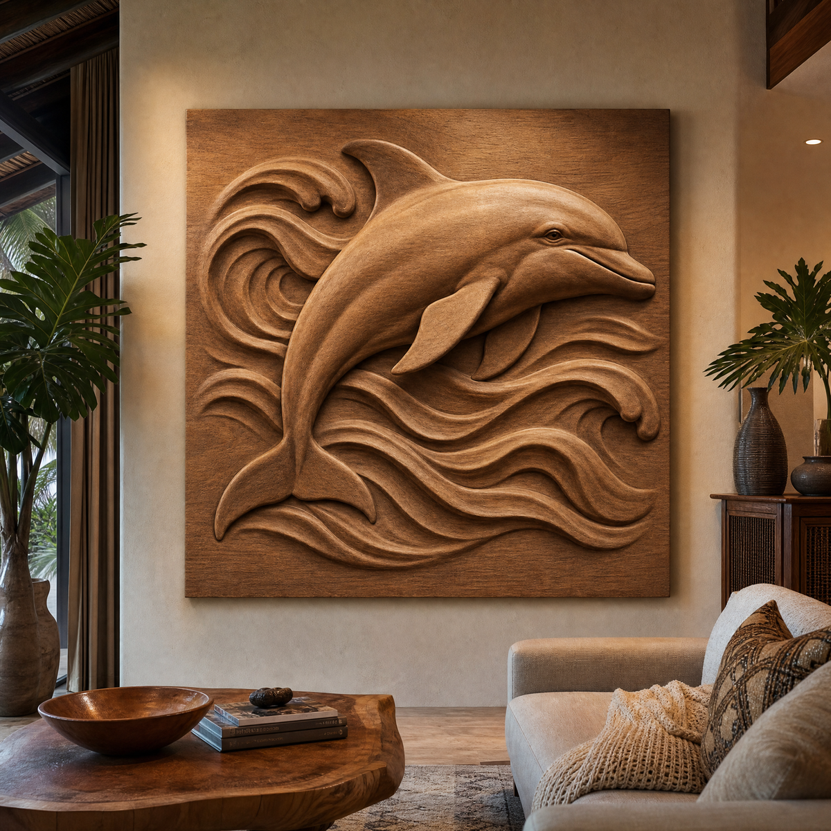 CNC wood relief wall art shows a dolphin moving through layered ocean waves above a living room sofa.