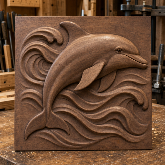 Finished CNC wood relief of a dolphin leaping rightward through layered waves on a dark wood panel in a workshop.