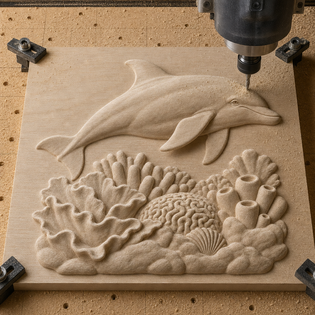 CNC cutting a dolphin and coral reef relief into a wood panel, with the router bit visible above the unfinished carving.