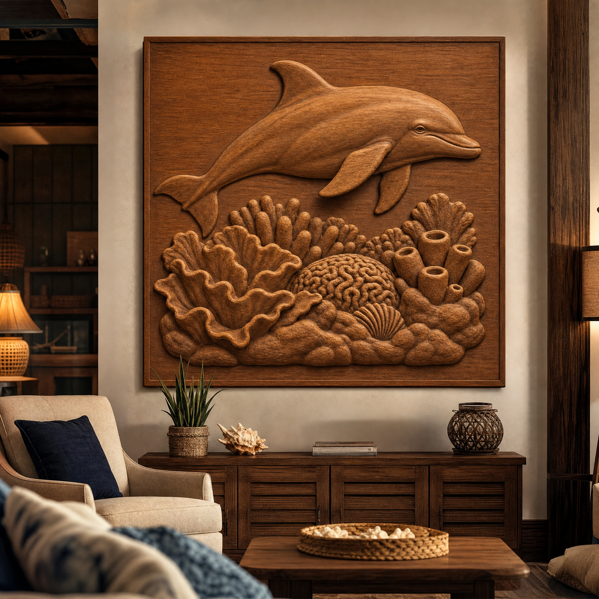 Wall-mounted CNC wood relief showing a dolphin swimming above a detailed coral reef scene in a warm-toned framed panel.