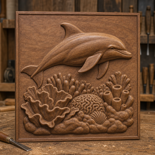 Finished CNC wood relief of a dolphin above layered coral, tube sponges, brain coral, shell, and seabed in a framed panel.