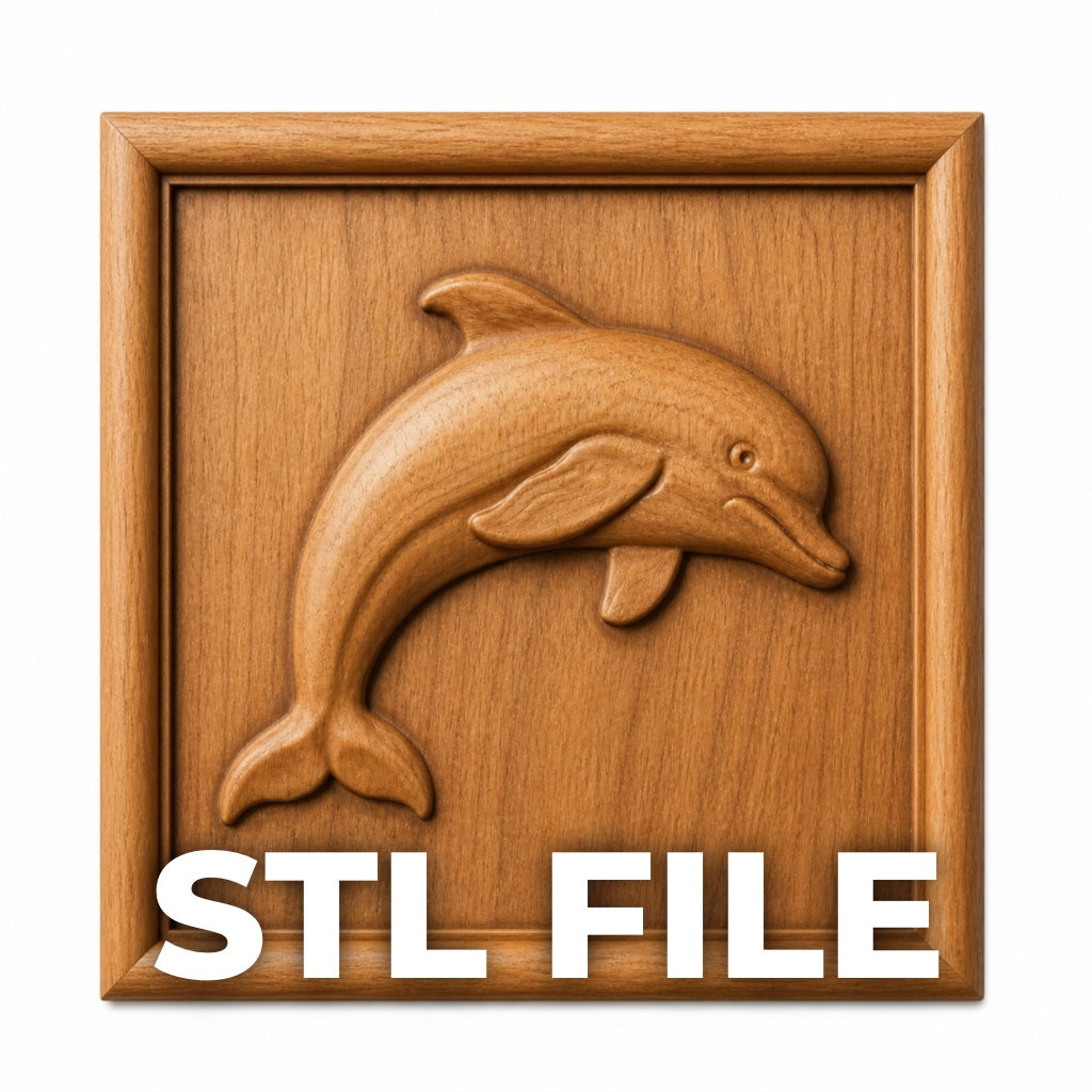 The Dolphin Relief STL File by Form Arcade features a carved dolphin design, ideal for CNC wall art or 3D printing. "STL FILE" appears in bold white letters at the plaque’s bottom.