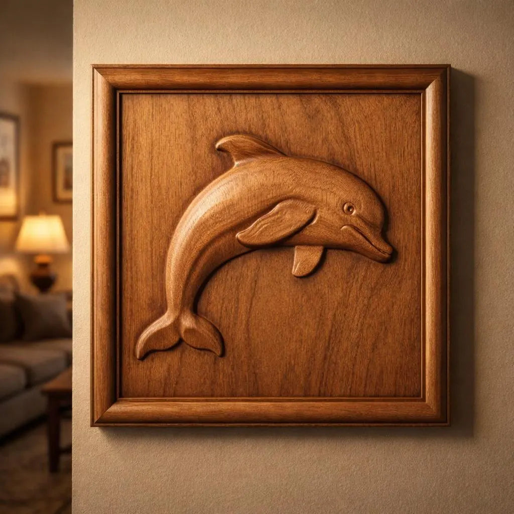 The Dolphin Relief STL File by Form Arcade, designed for CNC wall art, is displayed on a beige wall in a cozy living room with warm lighting and soft furnishings in the background.