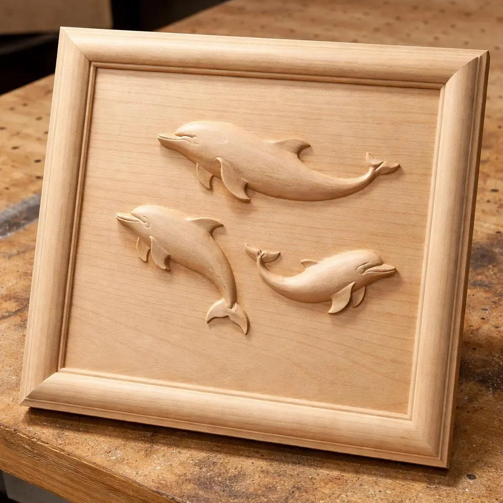 Freshly carved dolphin relief panel resting on a workshop surface, showing raw CNC carving detail, clean tool paths, and the natural wood texture of the three dolphin composition
