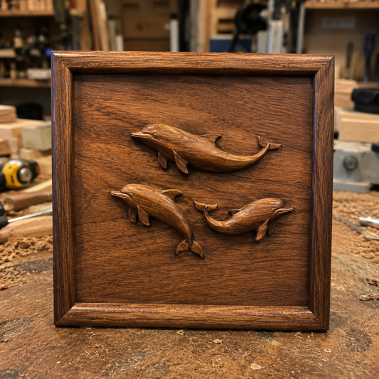 The Dolphin Trio Relief STL File by Form Arcade is perfect for ocean-themed CNC wall art, shown here against a workbench in a woodworking shop with tools and wood shavings in the background.