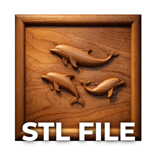 Three dolphins carved in smooth bas relief on a square wooden panel with a framed border, shown from a straight-on view highlighting the clean carving depth and flowing marine shapes designed for CNC wall art projects