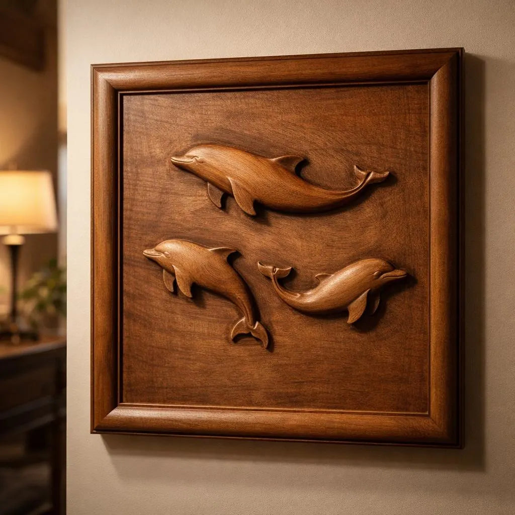 Framed wooden dolphin relief carving displayed on a wall in a warm interior setting, showing how the three dolphin design translates into finished CNC wall art with natural depth and shadow