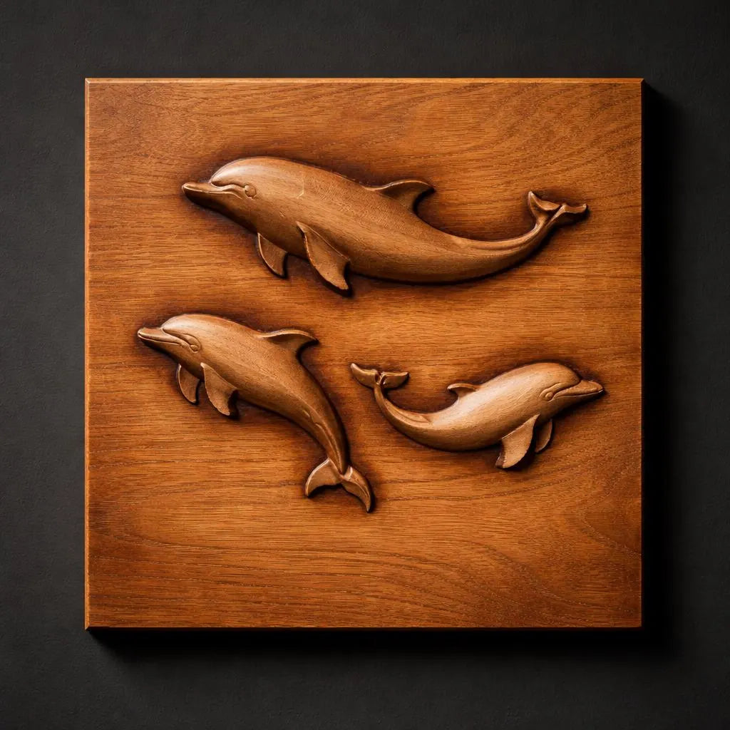 Detailed wooden CNC relief carving of three dolphins swimming together on a square panel, captured with natural lighting to emphasize depth, smooth contours, and realistic wood grain for ocean themed wall art