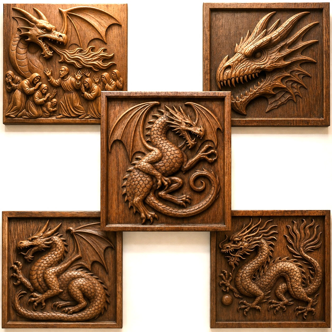 Certainly! Here’s a rewritten sentence using your product data: The Form Arcade Dragon 5-Pack Relief CNC STL Bundle features five fantasy-themed dragon designs arranged in a cross shape. Each intricately detailed wall art file showcases dragons in unique poses—including one dramatically breathing fire at a group of people—demonstrating expert CNC carving craftsmanship, perfect for woodworking enthusiasts.