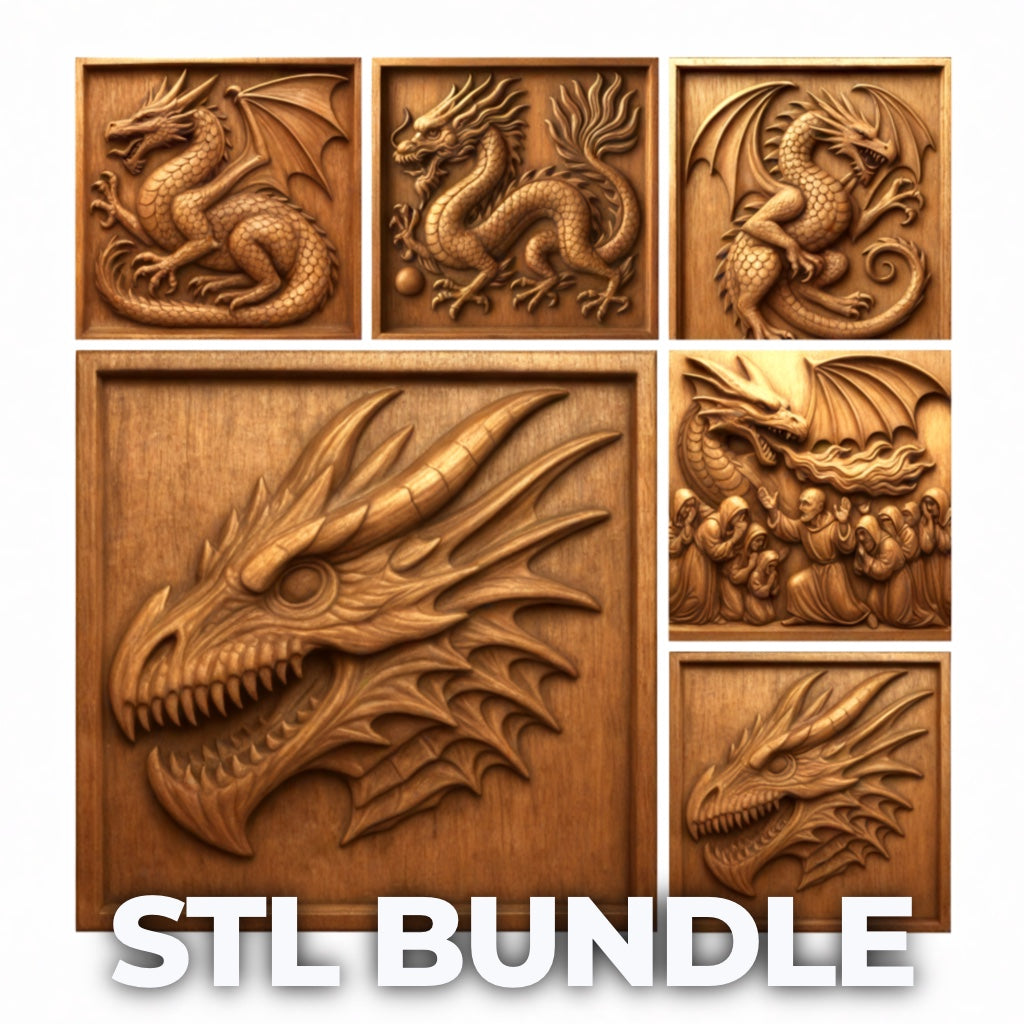 The Dragon Relief CNC STL Bundle by Form Arcade includes six detailed fantasy panels for CNC carving or 3D printing, arranged in a grid. Large white text at the bottom displays “STL BUNDLE.”.
