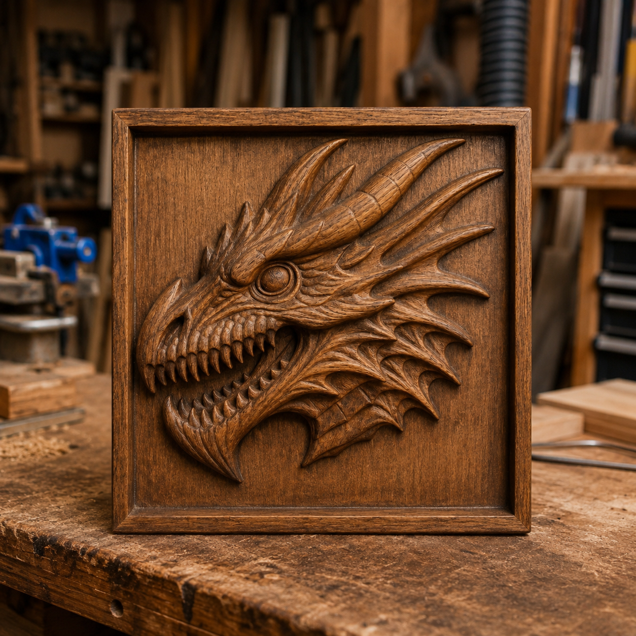 A square wooden plaque featuring the detailed Dragon Head CNC Relief STL File | Dragon CNC Wall Art by Form Arcade is displayed on a workbench in a woodworking shop, surrounded by tools and wood pieces. This striking example of CNC relief carving serves as an impressive addition to any woodworking project.