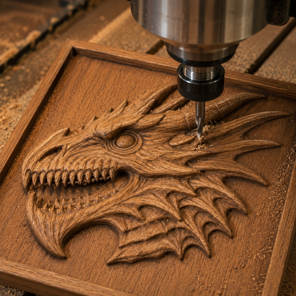 A CNC machine carves an intricate dragon head relief into a wooden panel, surrounded by wood shavings—showcasing an impressive woodworking project created using the "Dragon Head CNC Relief STL File | Dragon CNC Wall Art" from Form Arcade.