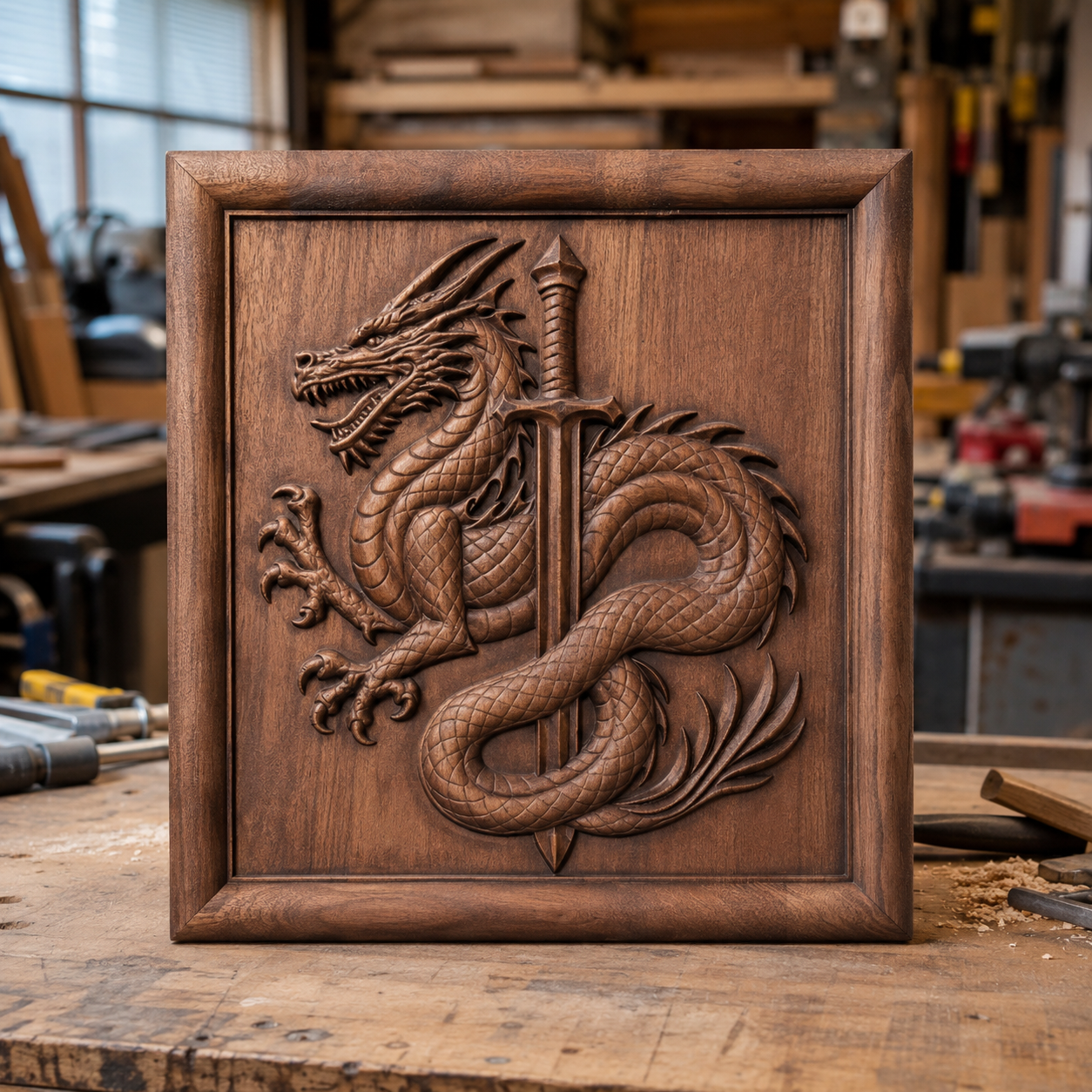 A panel from the Form Arcade “Dragon 5-Pack Relief CNC STL Bundle | Fantasy CNC Wall Art” set, featuring a detailed CNC-carved dragon coiled around a sword, is displayed upright on a workbench in a woodworking shop.