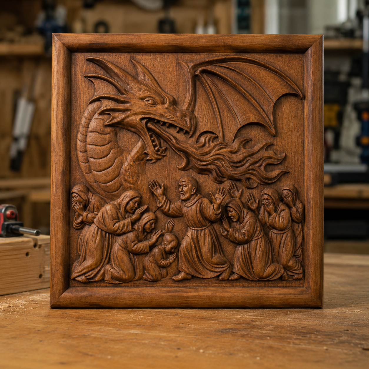 A wooden relief carving of a dragon breathing fire at a group of frightened people, some kneeling and others with hands raised, set on a workshop table—a striking example of woodworking projects that could inspire CNC carving enthusiasts.