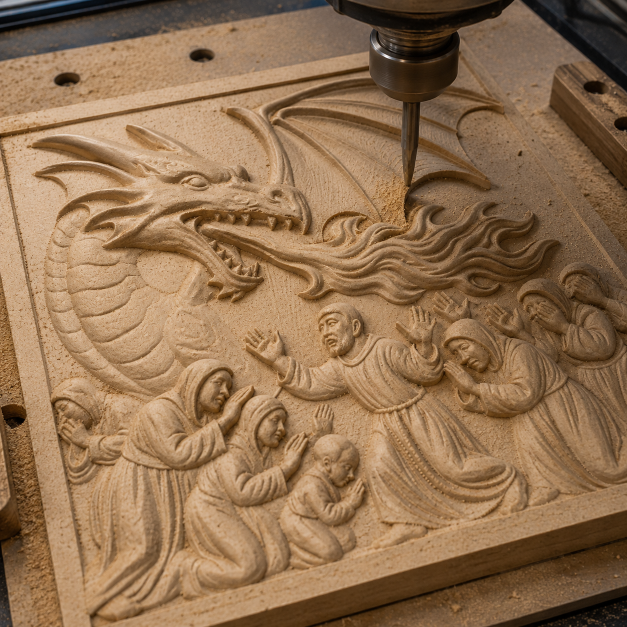 Using the product data, here’s a rewritten version of your sentence: The Dragon 5-Pack Relief CNC STL Bundle by Form Arcade features striking fantasy wall art, including a detailed scene of a dragon breathing fire at a group of frightened, robed people who kneel and reach out in fear. This impressive design illustrates the exceptional precision that CNC carving brings to woodworking projects.