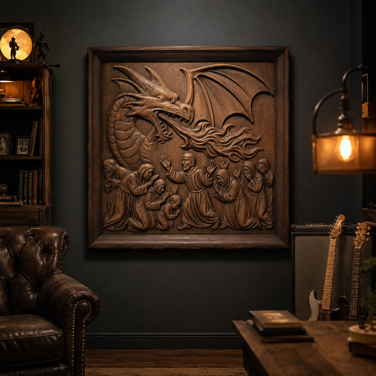 A piece from the Dragon 5-Pack Relief CNC STL Bundle by Form Arcade, featuring a dynamic scene of a dragon breathing fire on a group of people, hangs on a dark wall in a cozy study adorned with bookshelves, a leather chair, and guitars. This stunning fantasy CNC wall art highlights the exceptional craftsmanship achievable with Form Arcade’s woodworking and CNC carving designs.