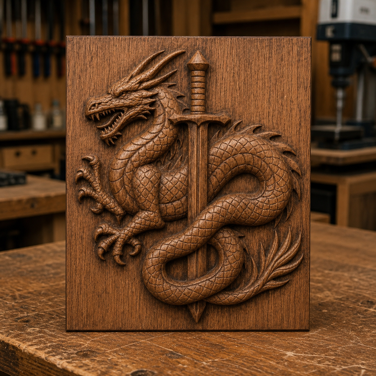 A wooden carving depicting a dragon coiled around a sword rests on a workbench in a workshop, surrounded by visible tools. This striking piece was created using the "Dragon and Sword CNC Relief STL File | Fantasy CNC Wall Art" from Form Arcade.