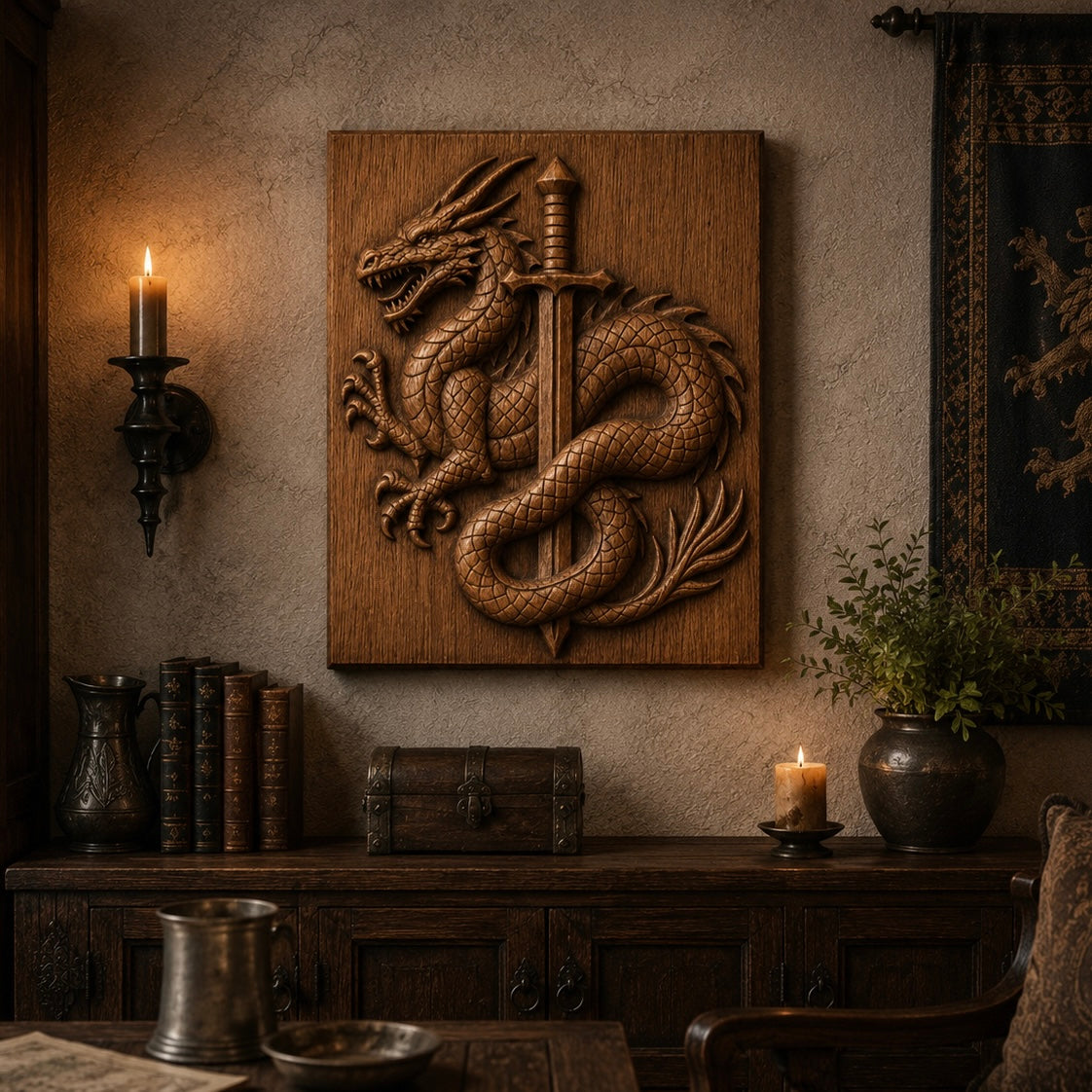 A fantasy-inspired wooden wall carving, crafted from the "Dragon and Sword CNC Relief STL File" by Form Arcade, featuring a dragon coiled around a sword, hangs above a rustic cabinet adorned with books, a chest, candles, a mug, and a plant in the warm glow of a medieval-style room.