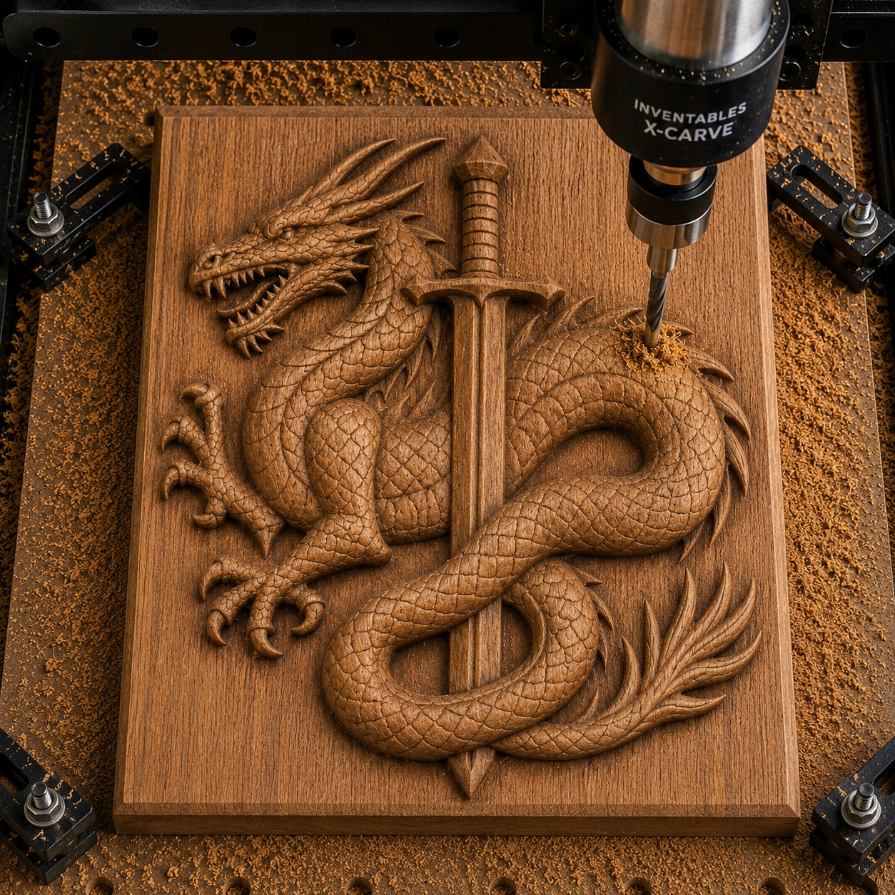 A CNC machine carves a detailed dragon wrapped around a sword into a square wooden panel, with wood shavings scattered around the artwork. To achieve such intricate design for woodworking projects, use the Dragon and Sword CNC Relief STL File | Fantasy CNC Wall Art by Form Arcade.