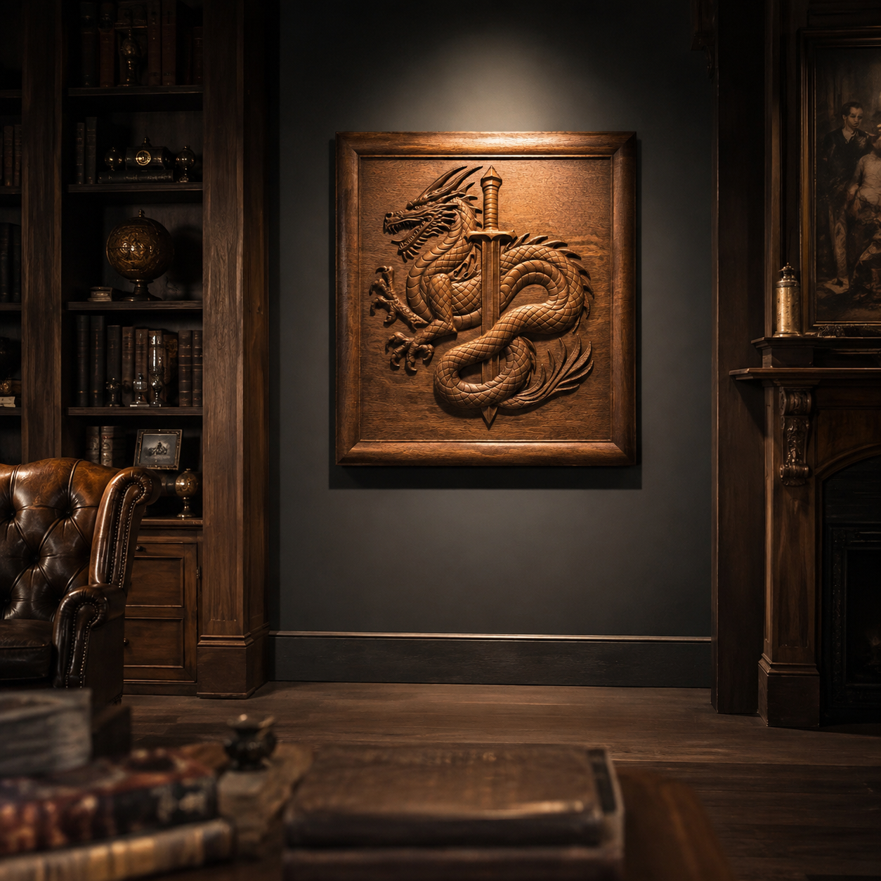 A wood-paneled study with leather chairs, bookshelves, and a fireplace. On the wall hangs a large framed CNC carving made from the Dragon and Sword CNC Relief STL File by Form Arcade—a striking fantasy wall art piece depicting a dragon coiled around a sword. Warm, dim lighting adds a cozy, classic atmosphere.