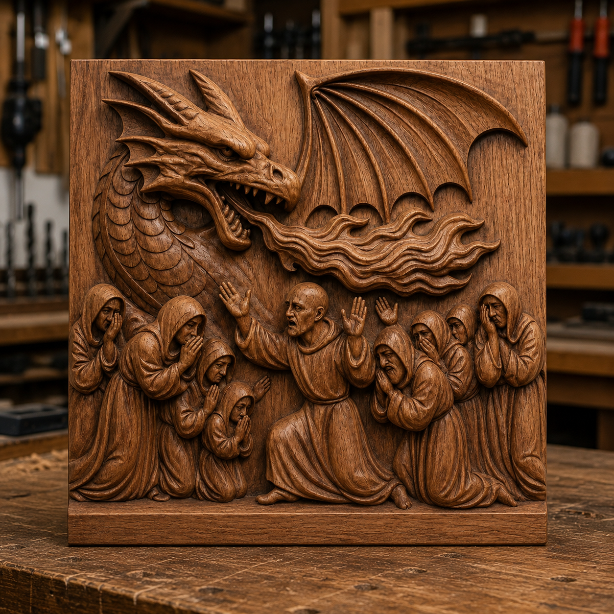 A masterfully detailed carving depicts a dragon unleashing fire toward a group of robed, praying villagers led by a man with raised hands, all set within a richly equipped workshop scene. The Dragon and Villagers CNC Relief STL File | Fantasy CNC Wall Art by Form Arcade is ideal inspiration for woodworking projects or as a dramatic Dragon CNC relief STL design, showcasing both intricate craftsmanship and vivid storytelling.