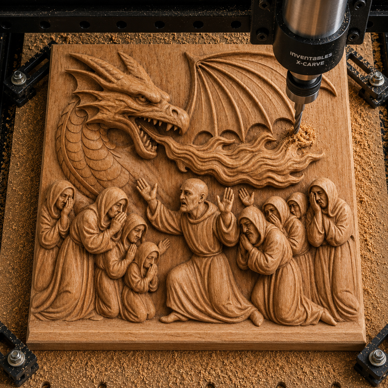 A CNC machine carves a detailed wooden relief using the "Dragon and Villagers CNC Relief STL File | Fantasy CNC Wall Art" by Form Arcade, portraying a dragon breathing fire at a group of frightened, hooded villagers with one figure raising his hands to protect them.