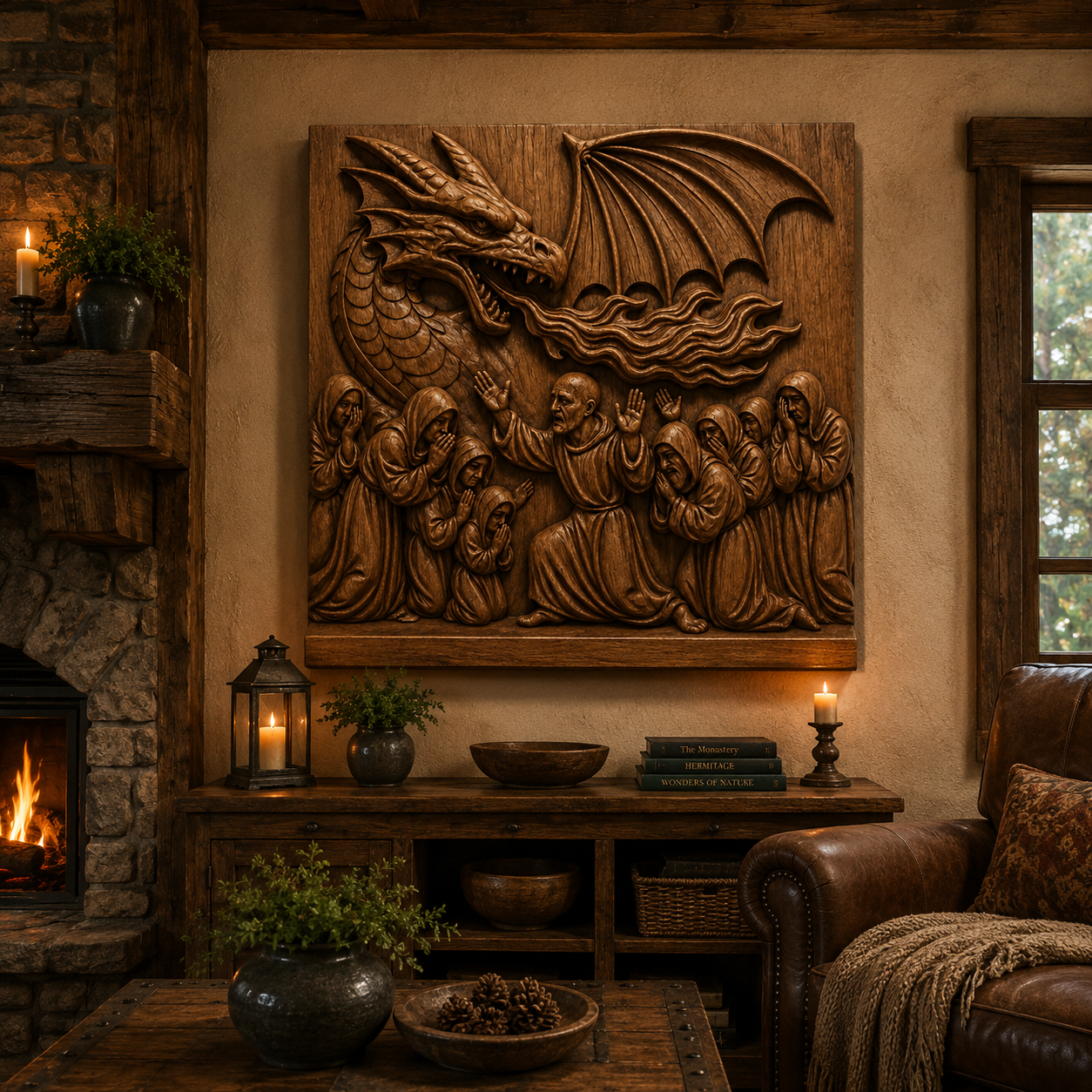 A cozy, rustic room adorned with candles, books, and a fireplace features the "Dragon and Villagers CNC Relief STL File | Fantasy CNC Wall Art" by Form Arcade—a wooden relief carving depicting a fire-breathing dragon confronting a group of robed, terrified villagers.