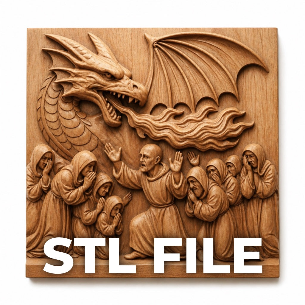 The Dragon and Villagers CNC Relief STL File by Form Arcade features a wooden wall art design of a fire-breathing dragon with robed villagers raising their hands in fear. Perfect for fantasy décor and CNC projects.