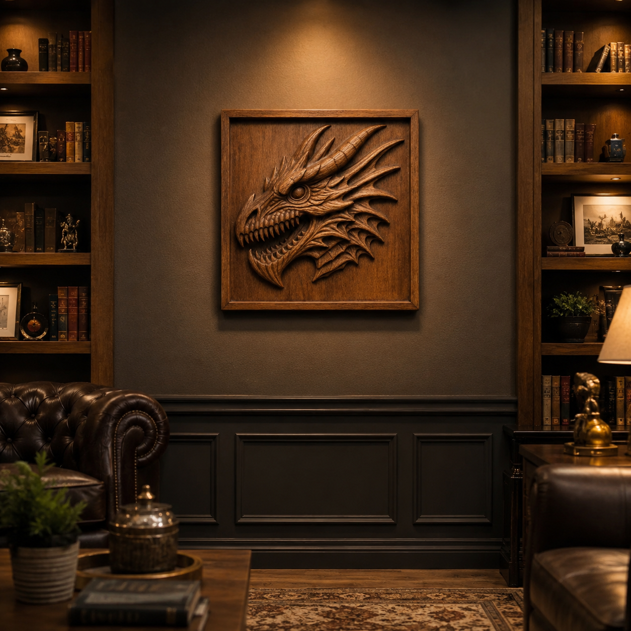 A cozy study with bookshelves, leather chairs, and a striking wooden dragon head carving from Form Arcade mounted on the wall as the focal point. Warm lighting creates a comfortable atmosphere, showcasing the impressive Dragon Head CNC Relief STL File | Dragon CNC Wall Art—an exceptional example of intricate CNC relief carving for woodworking projects.