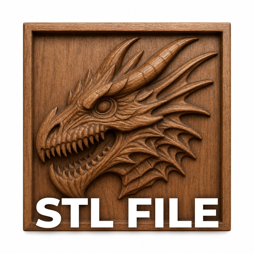 Form Arcade’s Dragon Head CNC Relief STL File | Dragon CNC Wall Art showcases an intricately carved dragon head in a square frame, with bold “STL file” text below—ideal for CNC carving enthusiasts.