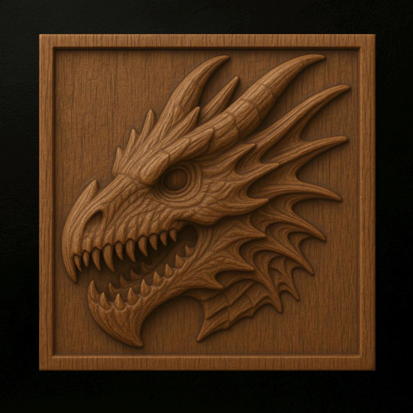 Detailed dragon head relief carved into a square wooden panel with sharp scales, horns, and layered depth, framed edges and smooth transitions visible under warm lighting, strong contrast between raised features and background, ideal for fantasy themed CNC wall art