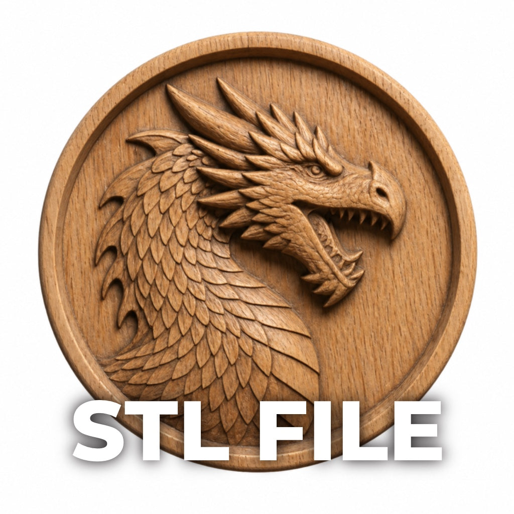 The Dragon Medallion CNC Relief STL File by Form Arcade features a carved dragon head in profile with sharp teeth and scales, plus bold "STL FILE" text. Ideal for CNC wall art or 3D printing projects.