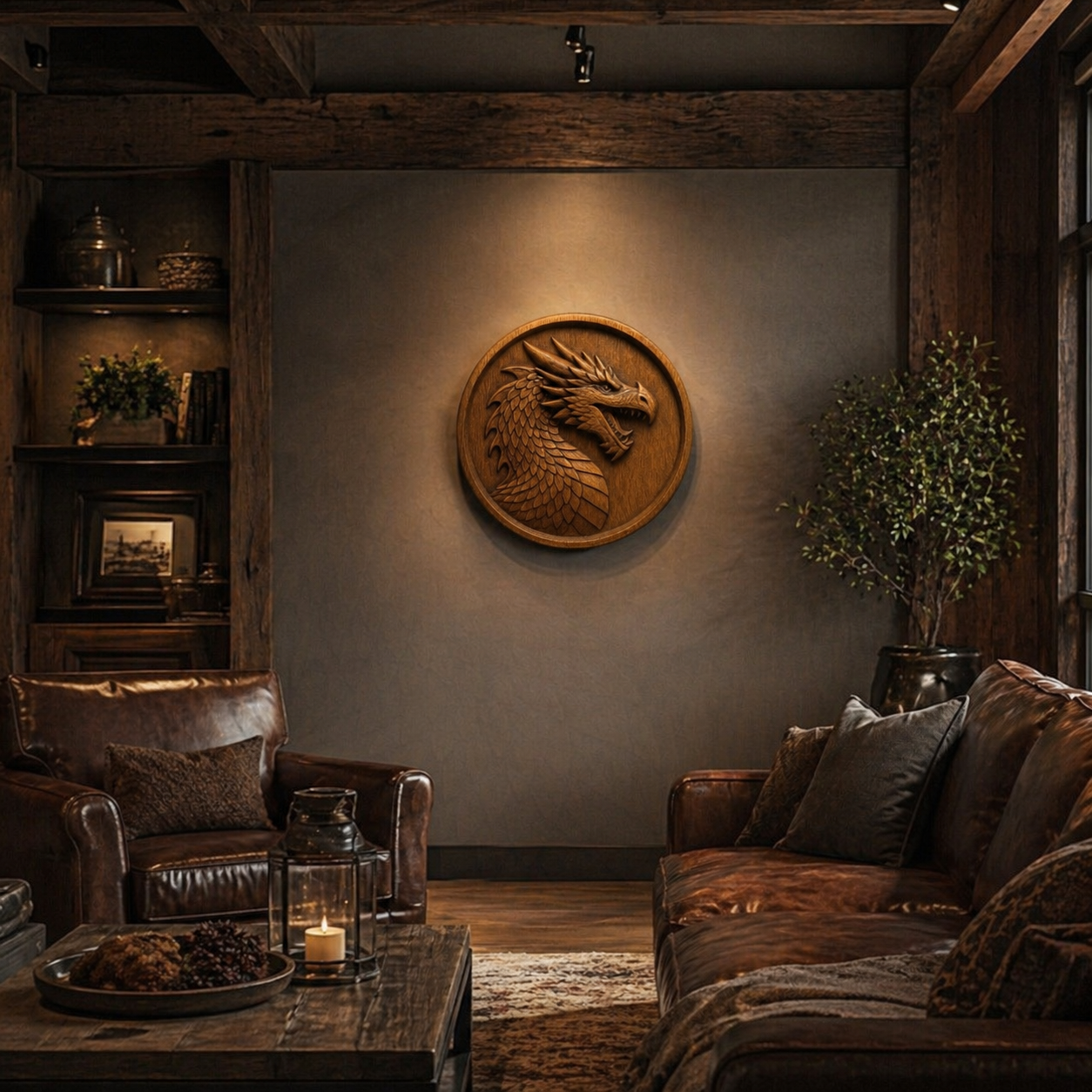 A cozy living room with dark leather sofas, a wooden coffee table, and warm lighting. Above the sofa hangs the Dragon Medallion CNC Relief STL File by Form Arcade, while shelves with books and plants complete the decor.