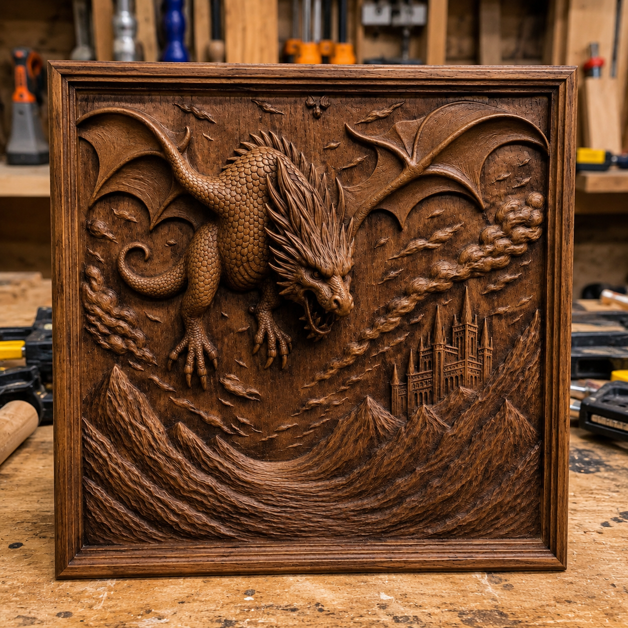 The Dragon Mountain Relief STL File by Form Arcade is a fantasy CNC wall art depicting a fierce dragon soaring over mountains toward a castle, with swirling clouds—perfect for woodworking projects.