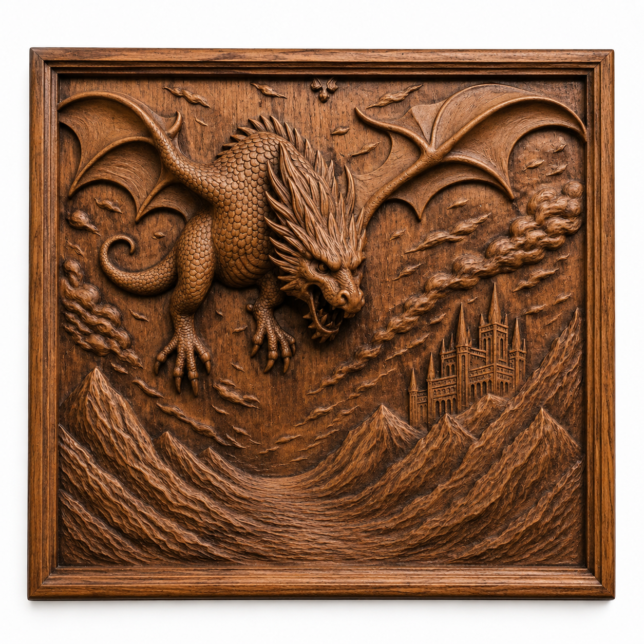 The Dragon Mountain Relief STL File by Form Arcade features a fierce dragon over mountains and a castle, perfect for CNC relief carving and woodworking. This fantasy wall art offers dynamic clouds, rich textures, and a dramatic wooden-framed scene.