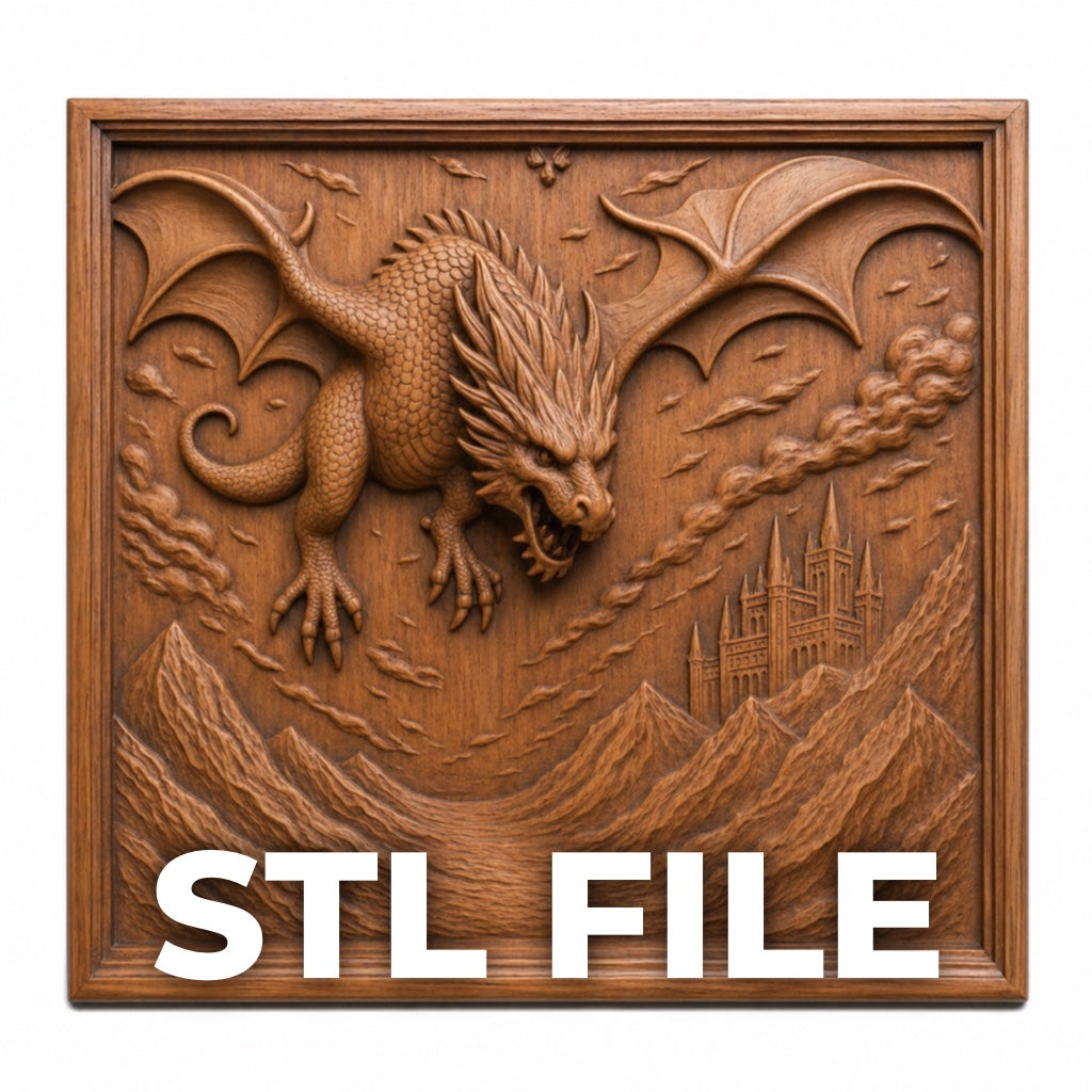 The Dragon Mountain Relief STL File by Form Arcade features fantasy CNC wall art with a dragon soaring above mountains and a castle—perfect for woodworking projects. “STL FILE” appears in bold white letters at the bottom.
