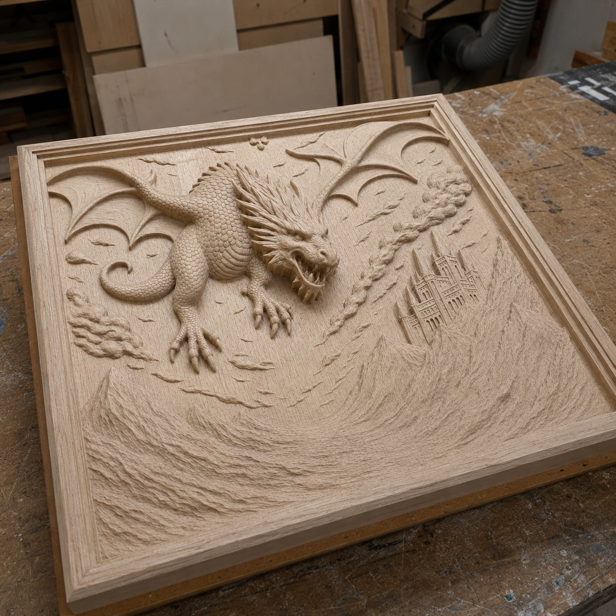 The Dragon Mountain Relief STL File by Form Arcade features a detailed dragon soaring above a castle with mountains and clouds, set in a square frame—perfect fantasy CNC wall art for woodworking projects.