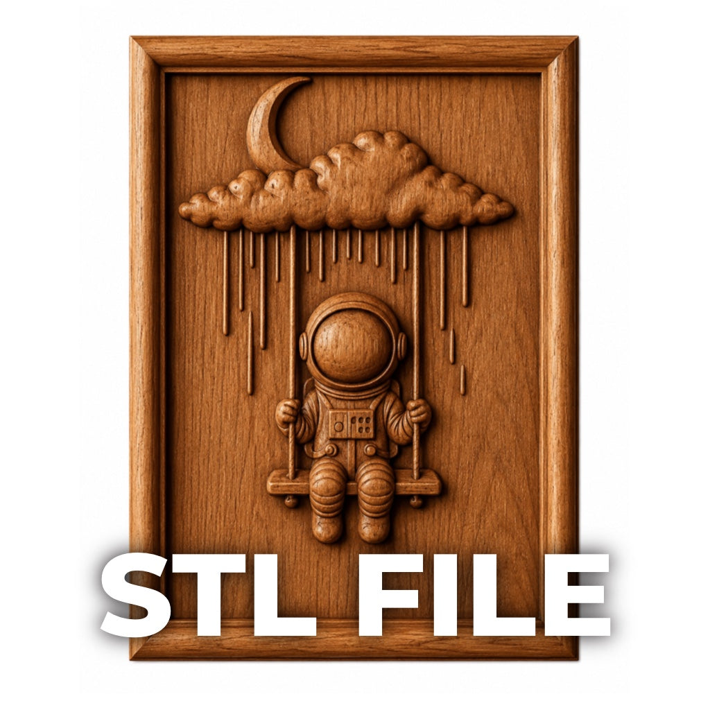 The Dreaming Astronaut Relief STL File by Form Arcade is a decorative space wall art design featuring an astronaut on a swing with clouds, rain, and a crescent moon—ideal for CNC carving. "STL FILE" is overlaid at the bottom.