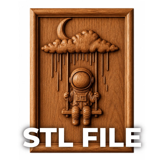 A carved wooden plaque shows an astronaut on a swing hanging from a raincloud with a crescent moon above. "Dreaming Astronaut Relief STL File | Astronaut CNC Wall Art" by Form Arcade—perfect for 3D printing or CNC carving.
