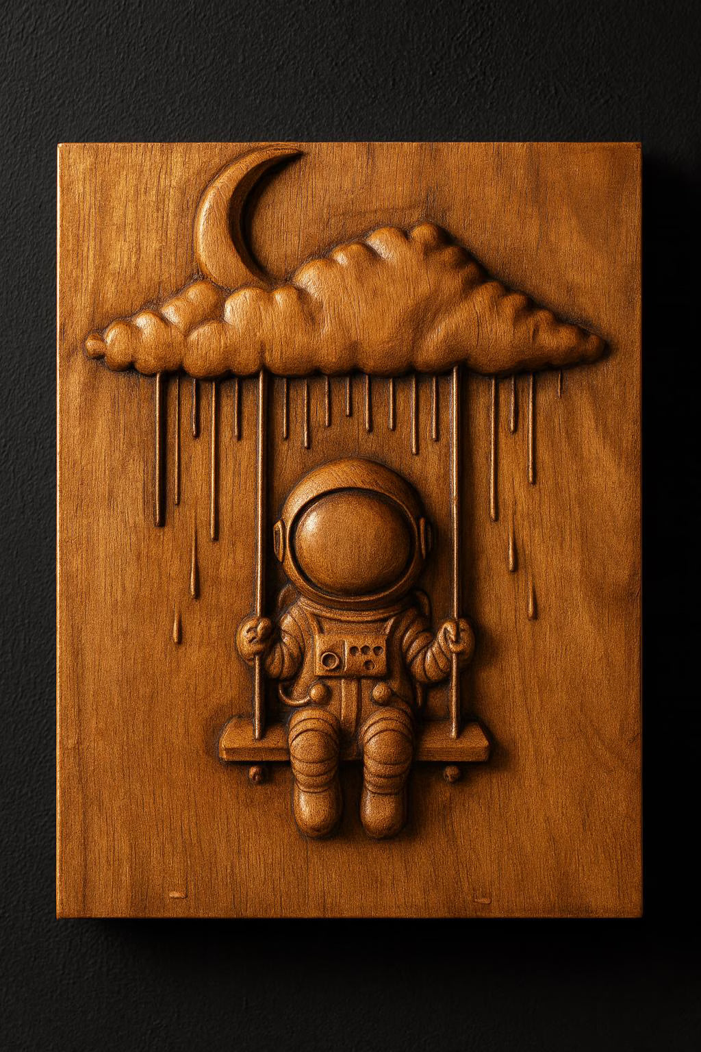 The Dreaming Astronaut Relief STL File by Form Arcade is a space-themed CNC wall art design featuring an astronaut on a swing beneath a crescent moon and cloud, ideal for creating striking decor with a dark backdrop.