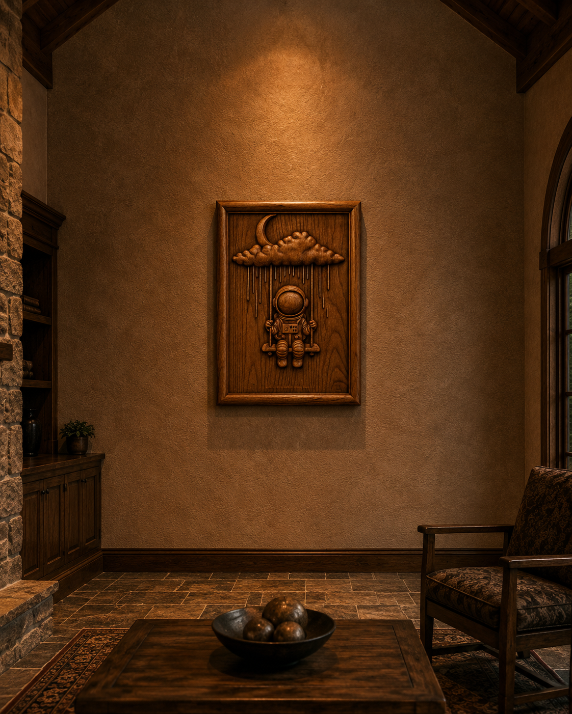 A warmly lit room with stone and wood accents features Form Arcade's "Dreaming Astronaut Relief" wall art—a framed wooden piece showing an astronaut under clouds and a crescent moon. A wooden coffee table with a bowl sits in the foreground.