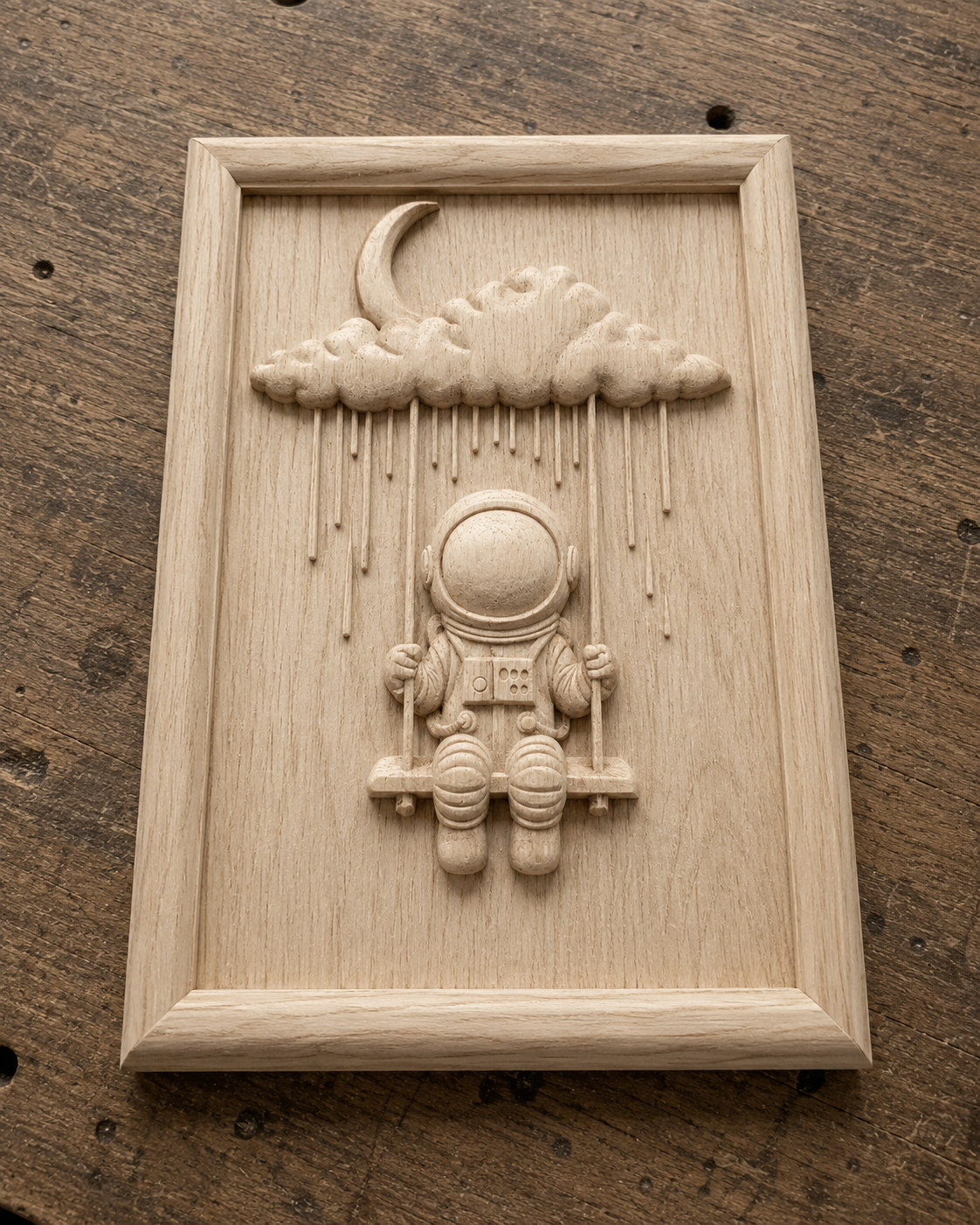 The Dreaming Astronaut Relief STL File by Form Arcade features a bas relief of an astronaut on a swing beneath rain and a crescent moon, perfect for space-themed CNC wall art.